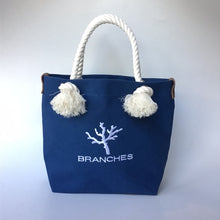 画像をギャラリービューアに読み込む, 　BRANCHES オリジナル　トートバッグМ　＊珊瑚刺繍入り＊インディゴ（白刺繍、白紐）

