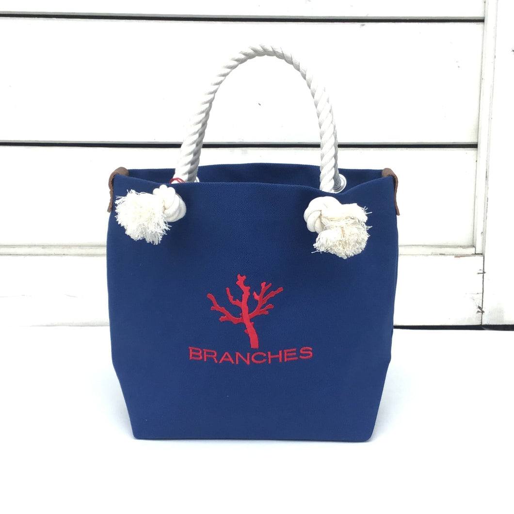 BRANCHES オリジナル　トートバッグМ　＊珊瑚刺繍入り＊フラワーブルー（赤刺繍、白紐）