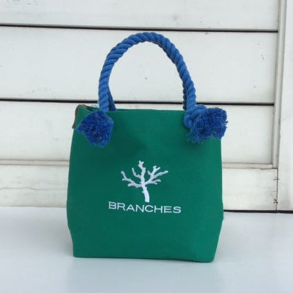 BRANCHES オリジナル　トートバッグМ　＊珊瑚刺繍入り＊グリーン（白刺繍、青紐）