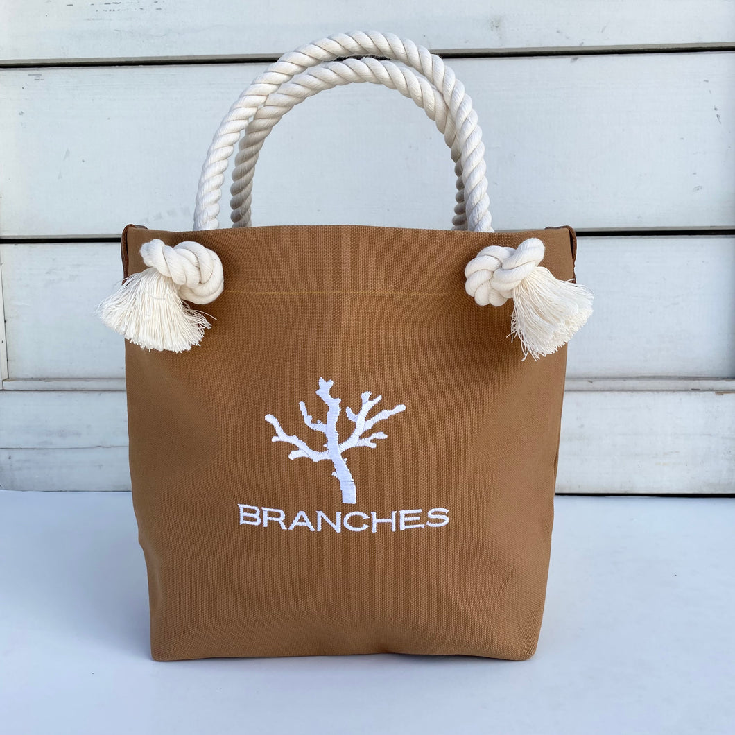 BRANCHES オリジナル　トートバッグМ　＊珊瑚刺繍入り＊モカ（白刺繍、白紐）