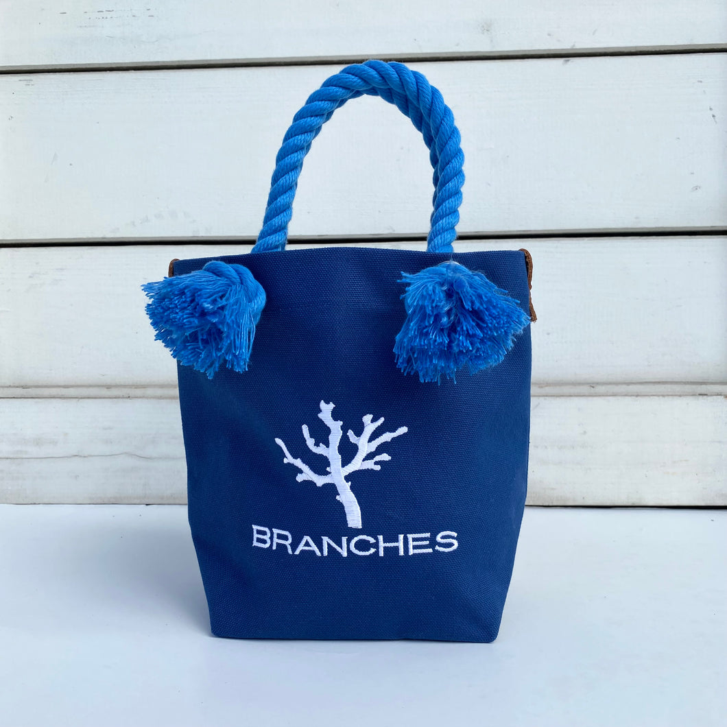BRANCHES オリジナル　トートバッグ　＊珊瑚刺繍入り＊フラワーブルー（白刺繍、青紐）