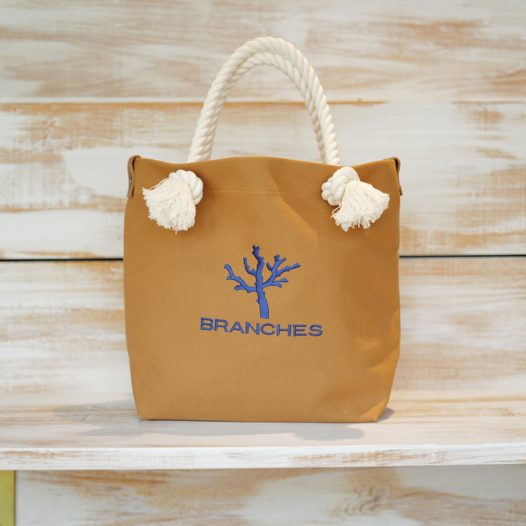 BRANCHES オリジナル　トートバッグМ　＊珊瑚刺繍入り＊モカ（青刺繍、白紐）