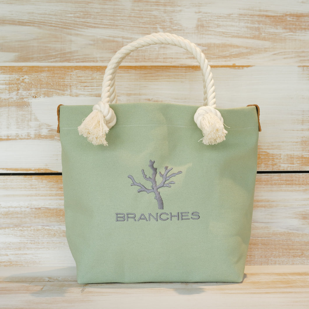 BRANCHES オリジナル　トートバッグМ　＊珊瑚刺繍入り＊スモーキーセラドン（グレー刺繍、白紐）