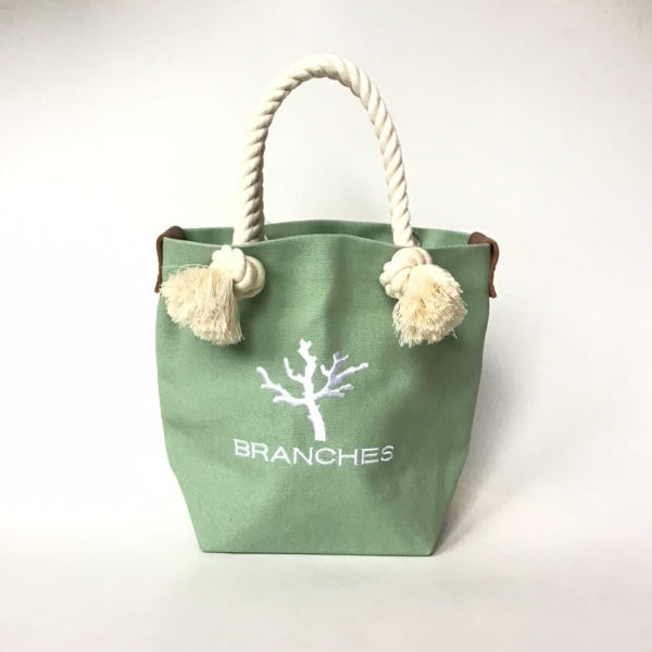 BRANCHES オリジナル　トートバッグ　＊珊瑚刺繍入り＊スモーキーセラドン（白刺繡、白紐）