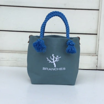BRANCHES オリジナル　トートバッグМ　＊珊瑚刺繍入り＊ブルージェイド（白刺繍、青紐）
